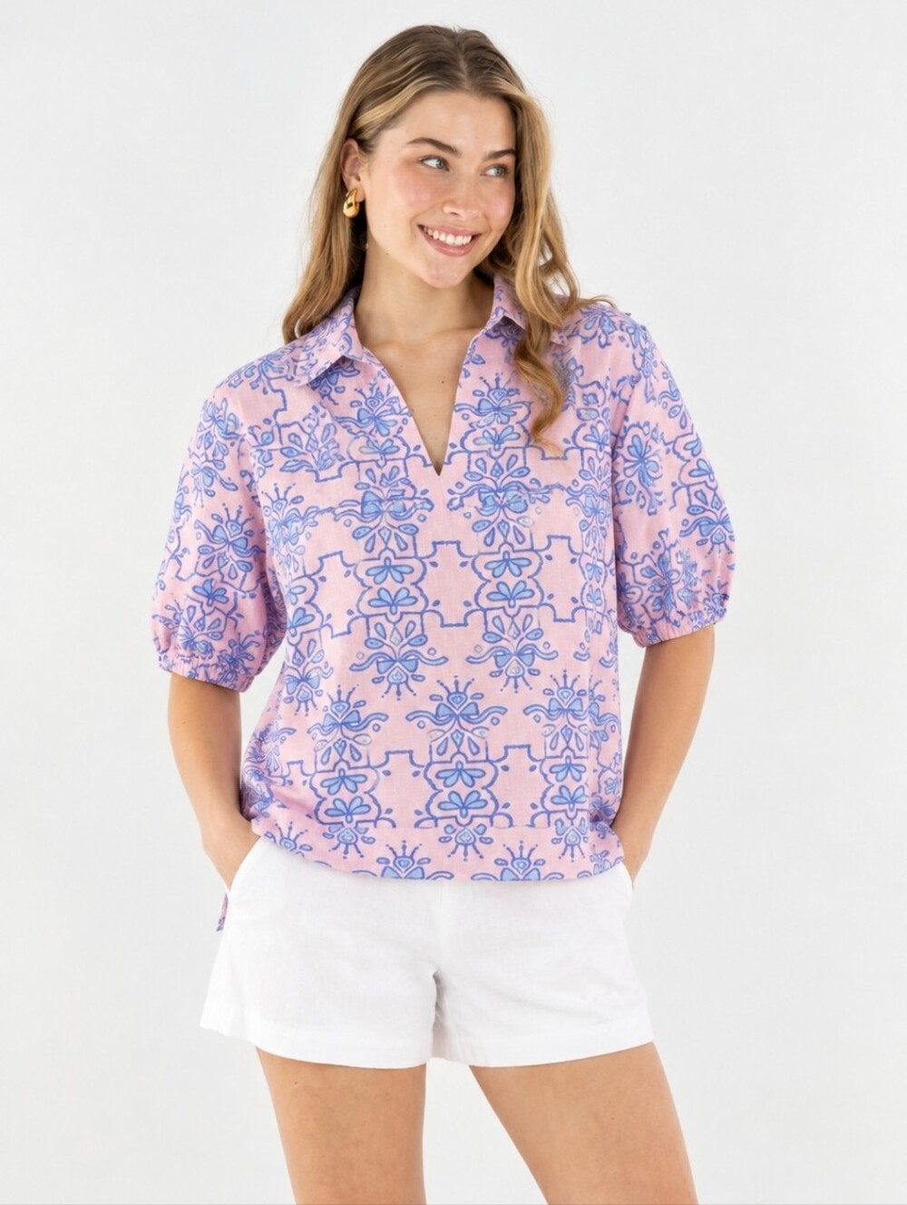 NWT Emily McCarthy Poppy Top Bow Royalty Pink Blue Small Linen